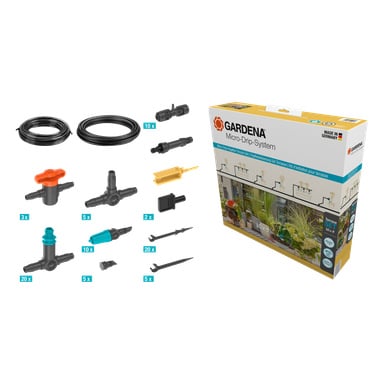 Gardena Micro-Drip-System terassikasveille, jossa on laatikko, letkut, liittimet, kepit ja säätöventtiilit helppoon kasteluun.