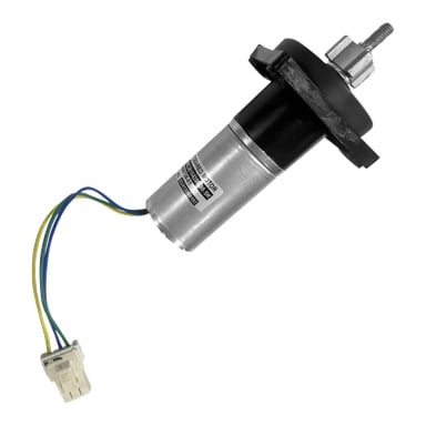 En robotmotor för gräsklipparhjul med en silverfärgad cylindrisk kropp, svart fläns, gängad axel, färgade kablar och vit kontaktkontakt.
