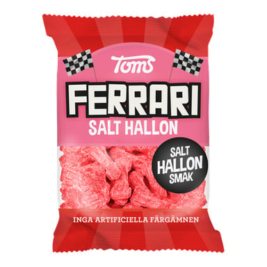 Ferrari Salt Raspberry godteripose med rutete flagg, rosa-svart design, bringebærgodteri; På etiketten står det salt bringebærsmak, ingen kunstige farger.