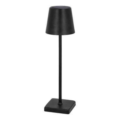 Anslut Rechargeable bordlampe har en svart konisk skjerm, rett sylindrisk stamme og en firkantet sokkel.