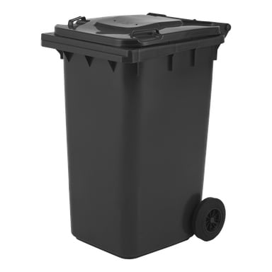 Przestronny plastikowy pojemnik na śmieci z zawiasową pokrywą i dwoma kółkami, zaprojektowany do łatwej obsługi i transportu odpadów na zewnątrz.