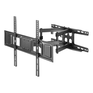 Svart metall-TV-fäste med flera armar och fästpunkter för flexibel montering av platt-TV-apparater.