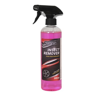 Hamron Insect Remover 500ml sprayflaske med rosa væske, rød bil på etiketten; Kan skilte med høy ytelse og varige resultater. Laget i Sverige.