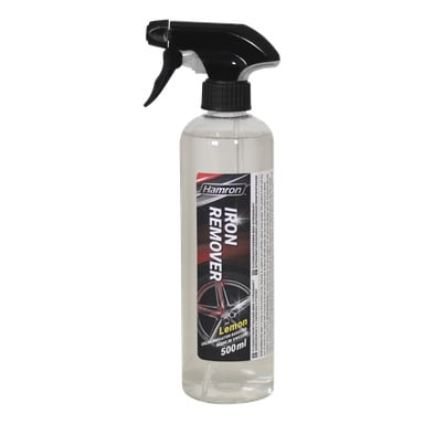 Przezroczysta butelka z czarnym zasłoną spustowym jest oznaczona przez Hamrona jako "Flash rust remover with lemon scer" i przedstawia grafikę koła samochodowego. Na etykiecie wspomniano także o "color indicator booster" oraz "500ml".