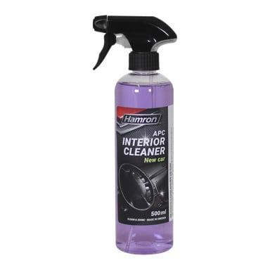 500 ml Hamron-auton sisätilojen puhdistusaine, jossa on musta suihkusuutin ja violetti neste, merkitty "New car scent", valmistettu Ruotsissa.