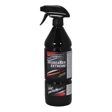 En 1L svart Hamron Degreaser Extreme sprayflaske med "High performance" og "Long halting" på etiketten, utløserdyse på toppen.