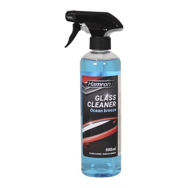 500 ml Hamron glasrengöring med havbrisdoft, blå vätska och en etikett som visar en röd bil och texten "Clean & Shine – Made in Sweden.