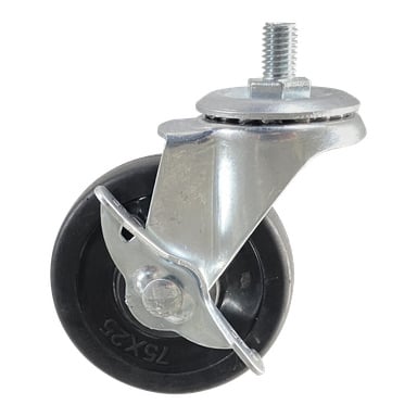 Ett "Wheels for barbecue"-hjul med svart hårt hjul, silverfärgat metallfäste och gängad stjälk.