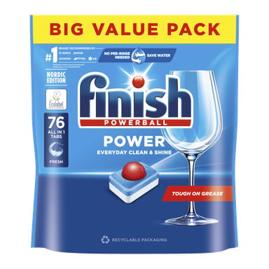 Sininen ja keltainen Finish astianpesukoneen pesuainepakkaus, All-in-1 Powerball, 76 kappaletta. Näyttää lasia, yksi tabletti, "Big Value Pack".