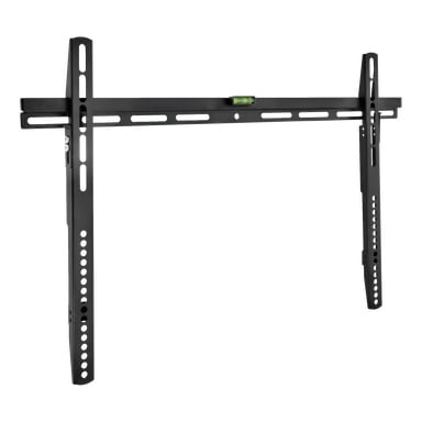 Bright Wall TV-fäste: svart metallfäste med justerbara hål och inbyggd bubbelnivå upptill för montering av TV-apparater.