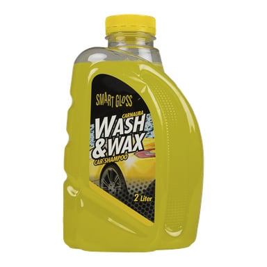 En gul 2-liters Smartgloss Wax Wash & Wax-flaske med matchende kork og en etikett som viser en skinnende gul bil.