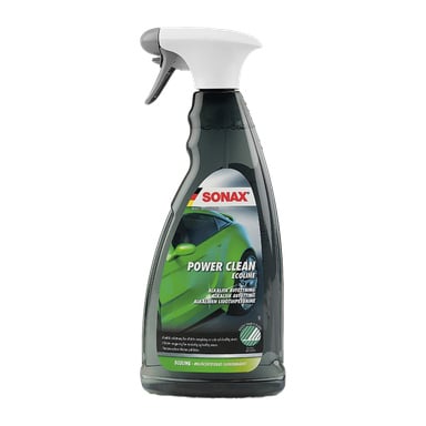 En Sonax Alkaline avfetter Power Clean Ecoline sprayflaske med hvit dyse og en grønn etikett som viser en bil og detaljer.
