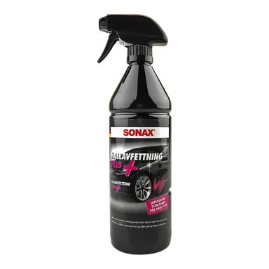 En svart sprayflaske merket "Sonax Cold Degreaser Plus" med bilde av bilhjul, rosa pluss-skilt og flere produktdetaljer.