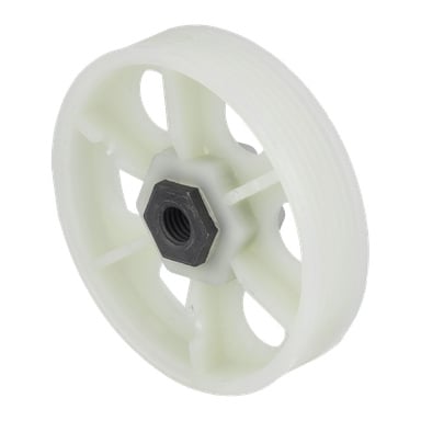 En vit plastskiva med en central hexagonal metallinsats och sex symmetriska utskurna sektioner runt kanten.