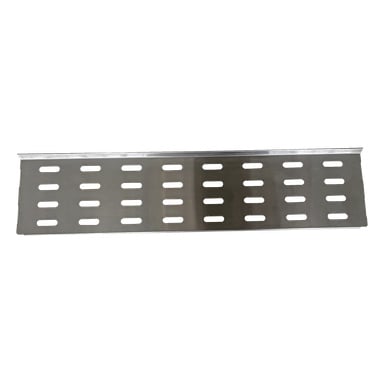 Rektangulärt metallvärmeställ för grillar, med rader av rundade hål och en enda upphöjd kant på ena sidan.
