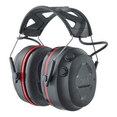 Svarta och röda 3M Bluetooth Pro-Protect hörselskydd med vadderade dynor, justerbart huvudband, öronknappar och 3M-märkning.