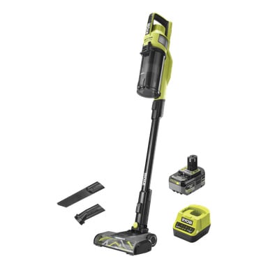 Ryobi One+ Pionowy odkurzacz (RSV18X-1X40) z silnikiem bezszczotkowym, odłączanym pojemnikiem na śmieci, dwoma dyszami, pakietem baterii i ładowarką.