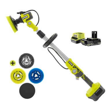 Ryobi One+ rengjøringsbørste RWTS18-1C20GJ med batteri, lader, firefargede børstehoder, uttrekkbart håndtak og trådløst design.