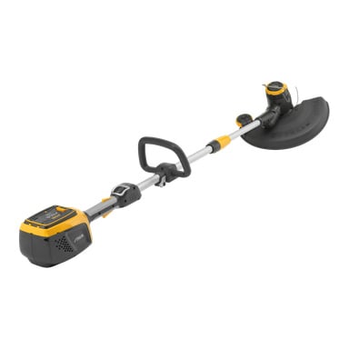 Batteriebetriebener Stiga GT 500e Kit Rasentrimmer in Schwarz und Gelb, mit ergonomischem Griff, Schutzschutz und Stiga-Logo auf der Batterie.