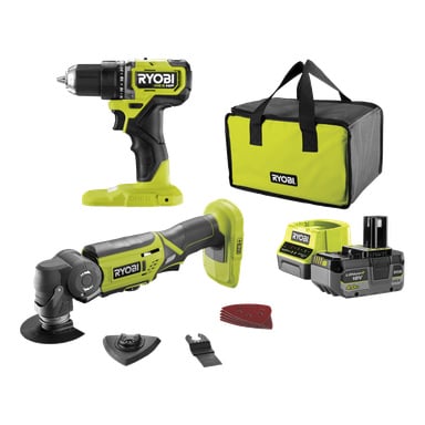 Ett Ryobi One+ HP borstlöst skruvmejsel och multiverktygsset (RCK182J-1X40S, 5-delat) med borrmaskin, multiverktyg, batteri, laddare, bärväska, slipplattor och diverse tillbehör—alla föremål organiserade i en ordnad layout.