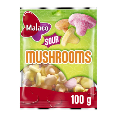 En 100g Malaco Sour Mushrooms-pose med grønn og rød emballasje, fargerike soppgummies og "Sour Mushrooms" i fet skrift.