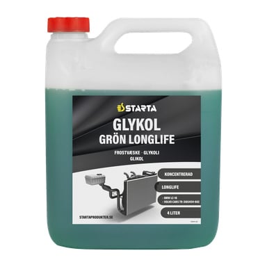 En 4-liters Starta Glycol Concentrate Longlife-behållare med röd lock, kylarbild och långvarig grön kylvätska inuti.