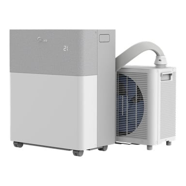 Midea PortaSplit portabel AC med värmepump, digital display, flexibel avgasslang, modern design, båda enheterna på små hjul.