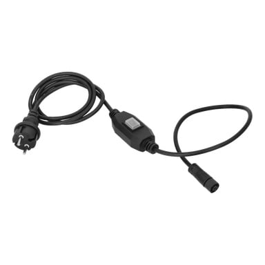 Anslut-kabel för LED-remsa: svart kabel, europeisk kontakt, inline-switch och cylindrisk kontakt, prydligt lindad.
