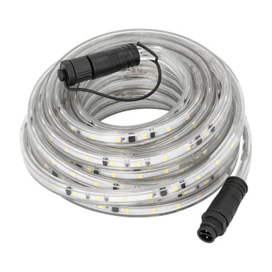 Anslut LED-arbetslampan har en spiralformad, transparent konstruktion med gula lysdioder inuti och svarta kontakter i varje ände.