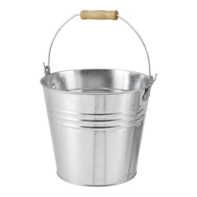 Hard Head Bucket puukahvalla on kiiltävä metalliämpäri, jossa on kaksi painattua viivaa ja yksinkertainen heijastava pinta.