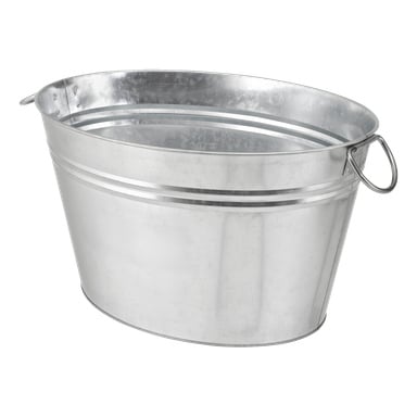 Kiiltävä ovaali metallinen Hard Head Sink -amme, jossa on kaksi sivukahvaa, sileä pinta ja kaksoiskohokuvioidut viivat lähellä yläosaa; Ämpäri on tyhjä.