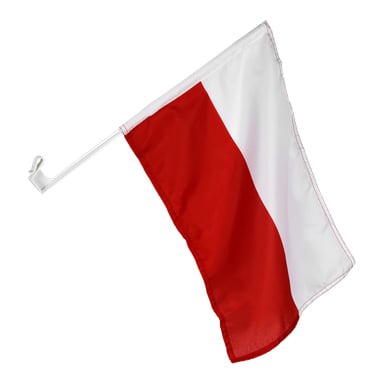 Flaga Hamron Car z czerwonym lewym i białym prawym diagonalnym wzorem, lekko pomarszczona, na plastikowym słupie z haczykiem mocującym.