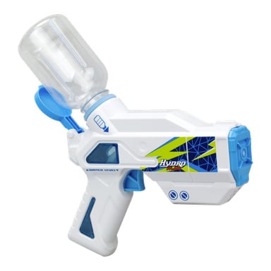 Silverlit Hydro MAD Mini Blaster, en vit och blå batteridriven vattenpistol, har en klar toppbehållare och geometriska mönster.