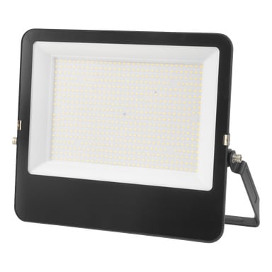 Anslut LED-flomlys har en rektangulær svart ramme med et hvitt panel som holder gule LED-lys, festet til en justerbar brakett.