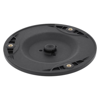 En sirkulær svart plastbladplate for robotgressklippere med tre messinginnsatser, hevede kanter og et sentralt hevet område, fra toppen.