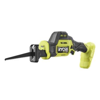 Ryobi One+ HP RRS18C1 Kolbensäge mit schwarz-gelbem Gehäuse, freiliegender Klinge, ergonomischem Griff und Batteriepack.