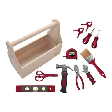 Meec Tools 11-osainen aloittelijan työkalupakki, jossa on punavartiset työkalut: vasara, pihdit, ruuvimeisselit, sakset, taso ja paljon muuta.