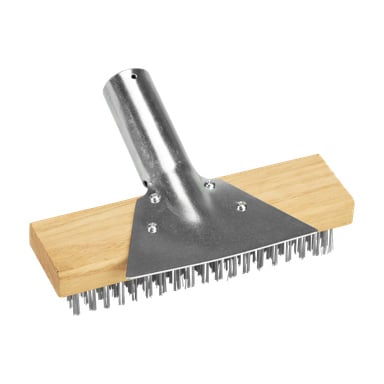 Szczotka Hard Head Steel z drewnianą rączką, kompaktowymi sztywnymi drucianymi szczetkami i metalową płytą skrobakową na górze, przeznaczona do czyszczenia grillów.