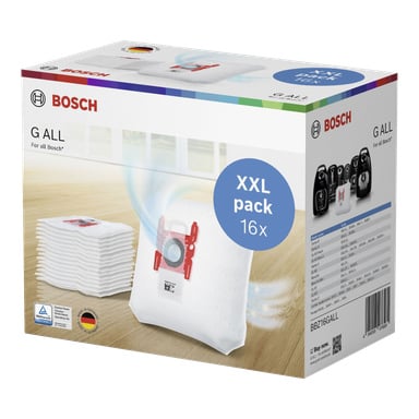 Opakowania do odkurzacza Bosch Home G ALL, 16-pack, pokazane w pudełku XXL ze zdjęciami worków i kompatybilnych odkurzaczy.