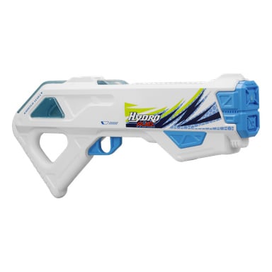En batteridriven vit och blå Silverlit Hydro MAD Blaster vattenpistol med geometriska mönster, stor avtryckare och kantig design.