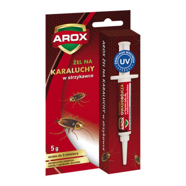 Pudełko i 5g strzykawki Agrecol Gel Syringe Against Cockroaches AROX, z obrazami karaluchów, informacjami o produkcie, funkcją UV oraz zapewnieniami o skuteczności do 3 miesięcy.