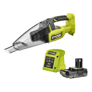 En Ryobi trådløs håndholdt støvsuger med en gjennomsiktig søppelbøtte, avbildet sammen med en grønn batterilader og et svart 18V litiumbatteri.