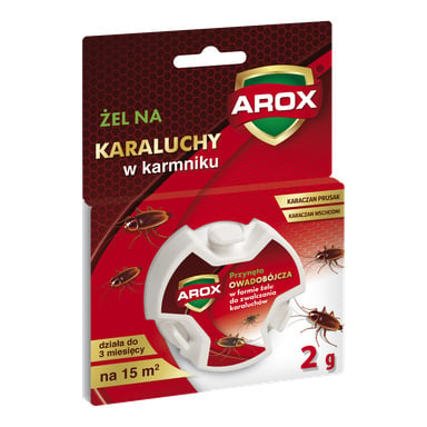 Pakiet żelowej pułapki Agrecol Cockroach AROX z obrazami stacji przynęty i karaluchów. Trwa do 3 miesięcy, zajmuje powierzchnię 15 m².