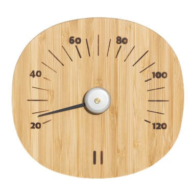 Puinen Rento-saunan lämpömittari näyttää hieman alle 30°C, ja lämpötilan merkitsee mustat numerot ja rastit.