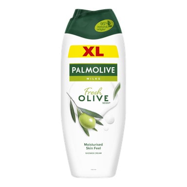 Palmolive Shower Gel Milks Fresh Olive-flaska med grön kork, olivfärgad bild, 95% naturlig etikett, XL-storlek och återfuktande påstående.