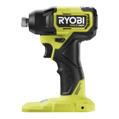 Ryobi One+ HP bürstenloser Schlagschrauber RID18C1-0, gelb und schwarz, kompakte Serie, Seitenansicht, Batterie nicht angeschlossen.