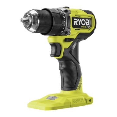 Ryobi One+ HP bürstenloser Bohrer RDD18C1-0, schwarz und leuchtend grün, ohne Akku an der Basis angezeigt.