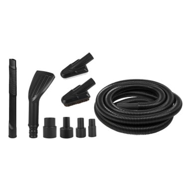 DeWalt Car Care Kit sisältää 8 mustaa lisävarustetta: joustavan letkun, harjat, halkeaman työkalun, leveän suuttimen ja adapteriliittimet.