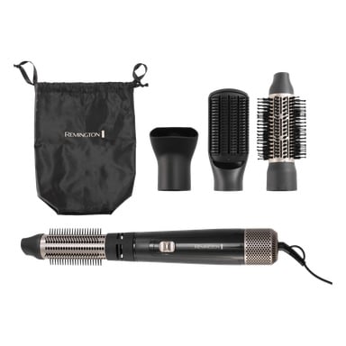 Zestaw Remington Hot Air Brush Blow Dry & Style AS7500 z czarną torbą, uchwytem do suszarki i trzema końcami: dyszą, pędzłem prostującym i okrągłym.