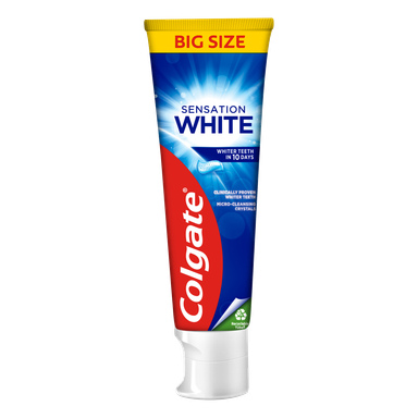 Colgate Sensation White tandkräm i en stor tub med blå och röda detaljer, lovar vitare tänder på 10 dagar och miljövänlig förpackning.